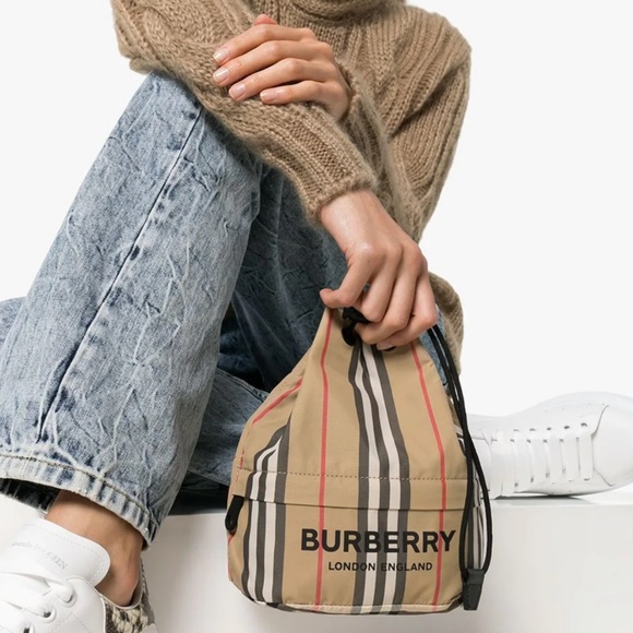 BURBERRY PHOEBE ICON STRIPE NYLON DRAWCORD EQUESTRIAN POUCH MINI BAG - Picture 1 of 10